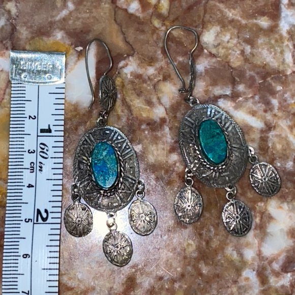 Native American Azurite Malachite 925 Earrings VTG - Picture 9 of 10